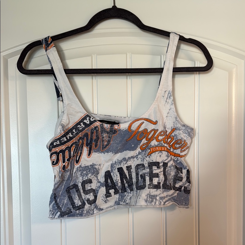 Forever 21 White and Brown Los Angelos Graphic Crop Tank Top